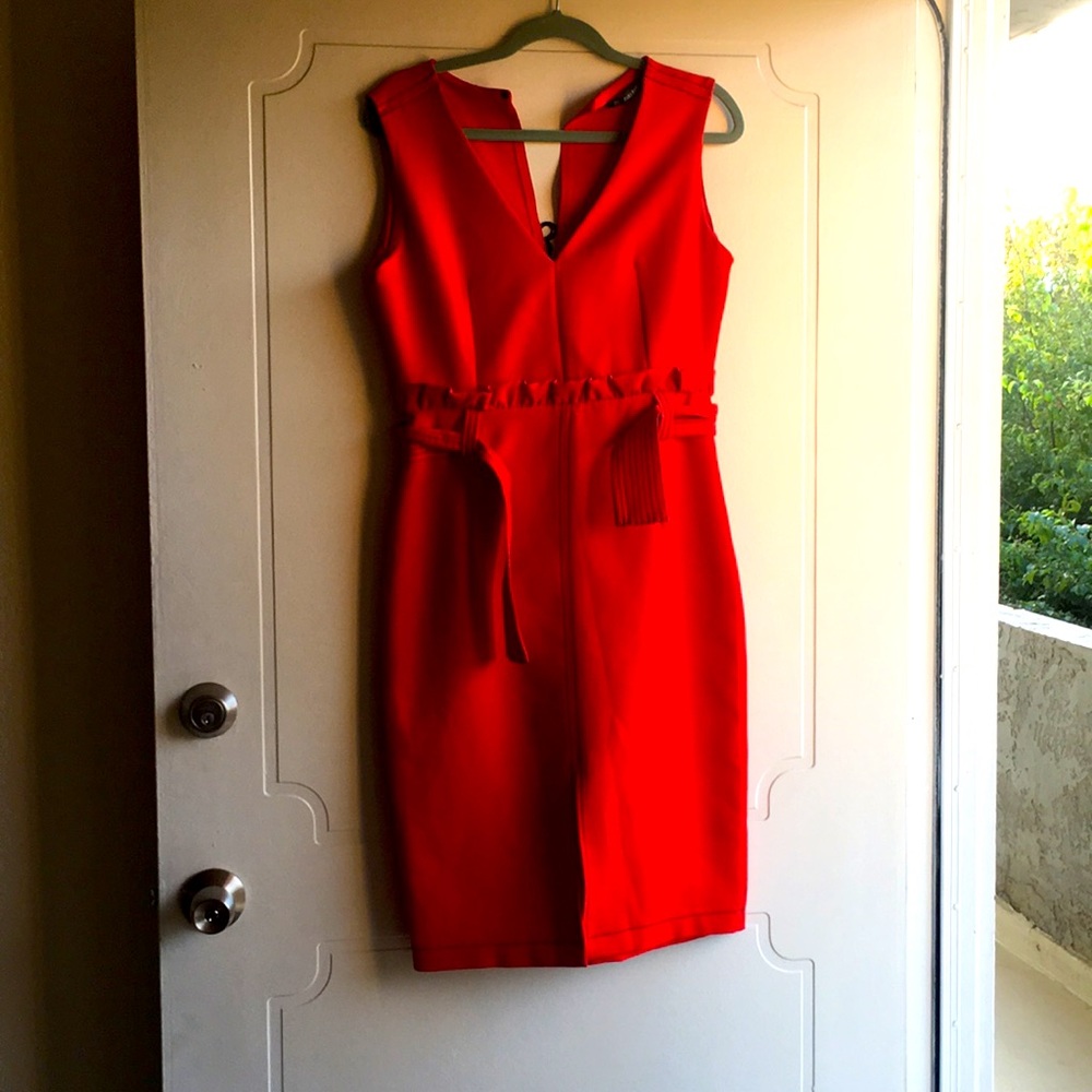 Zara Red Solid Midi Dress with Belt